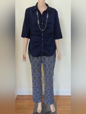 Grey, Navy & White Plaid Trousers - Stretch Knit Pants